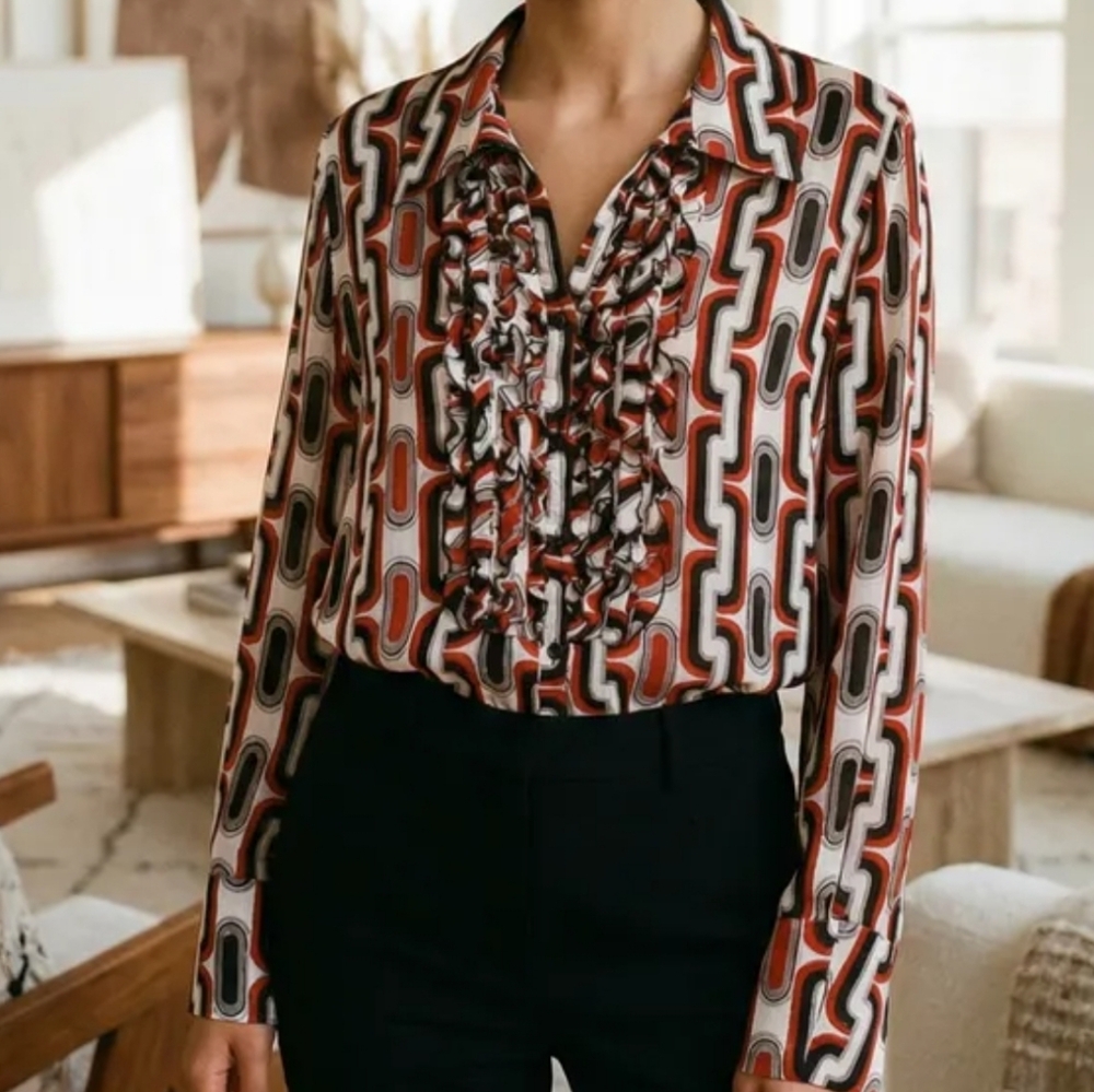 Worthington Woman Red Black Gray Buttoned Blouse - Mod 60s Look Pattern 2X